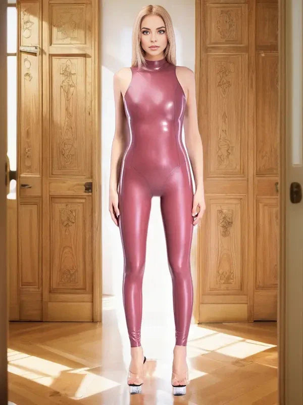 Metallic Rose Sleeveless Latex Catsuit