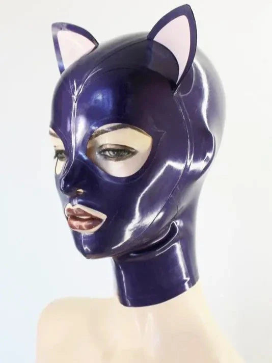 Paars latex masker met kattenoren