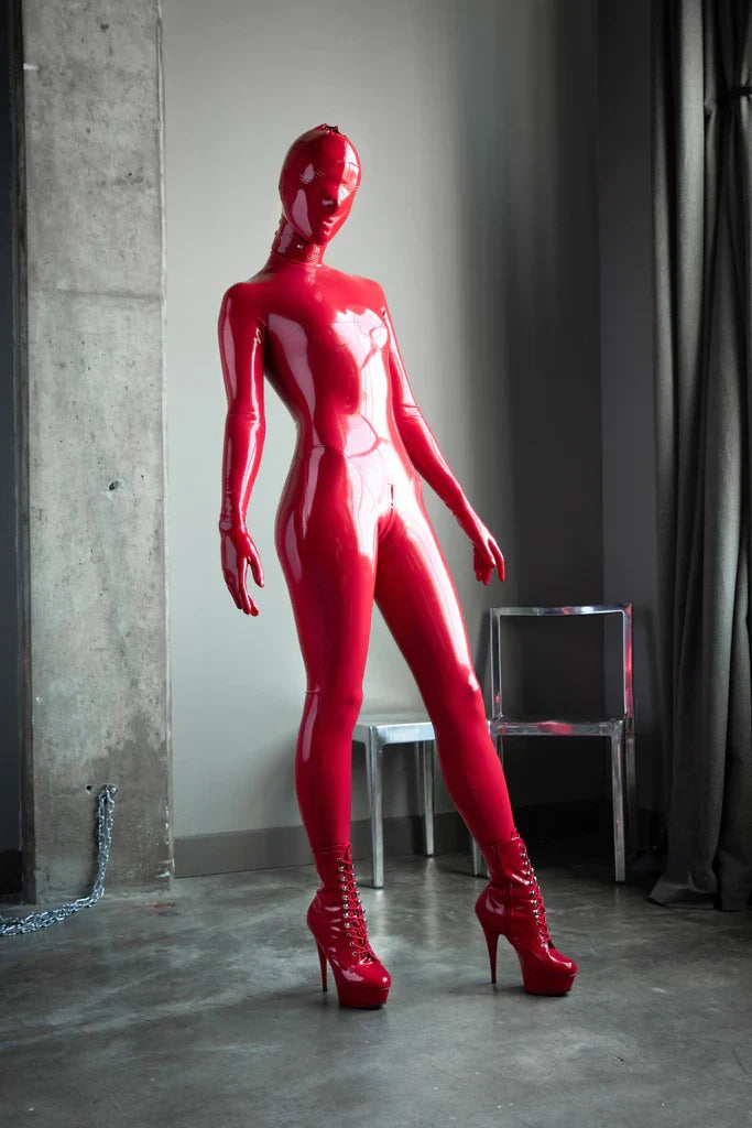 Red Latex Catsuit with Enclosed Hood