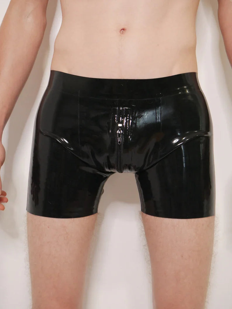 Black Latex Men's Shorts with Front Zipper Detail