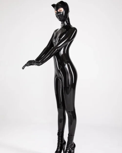 Black Latex Catsuit with Built-in Cat-Ear Hood