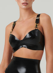 Sleek Black Latex Bra with Golden Accents and Adjustable Straps