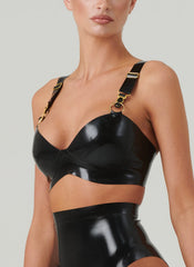 Sleek Black Latex Bra with Golden Accents and Adjustable Straps