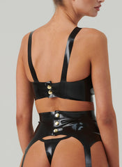 Sleek Black Latex Bra with Golden Accents and Adjustable Straps