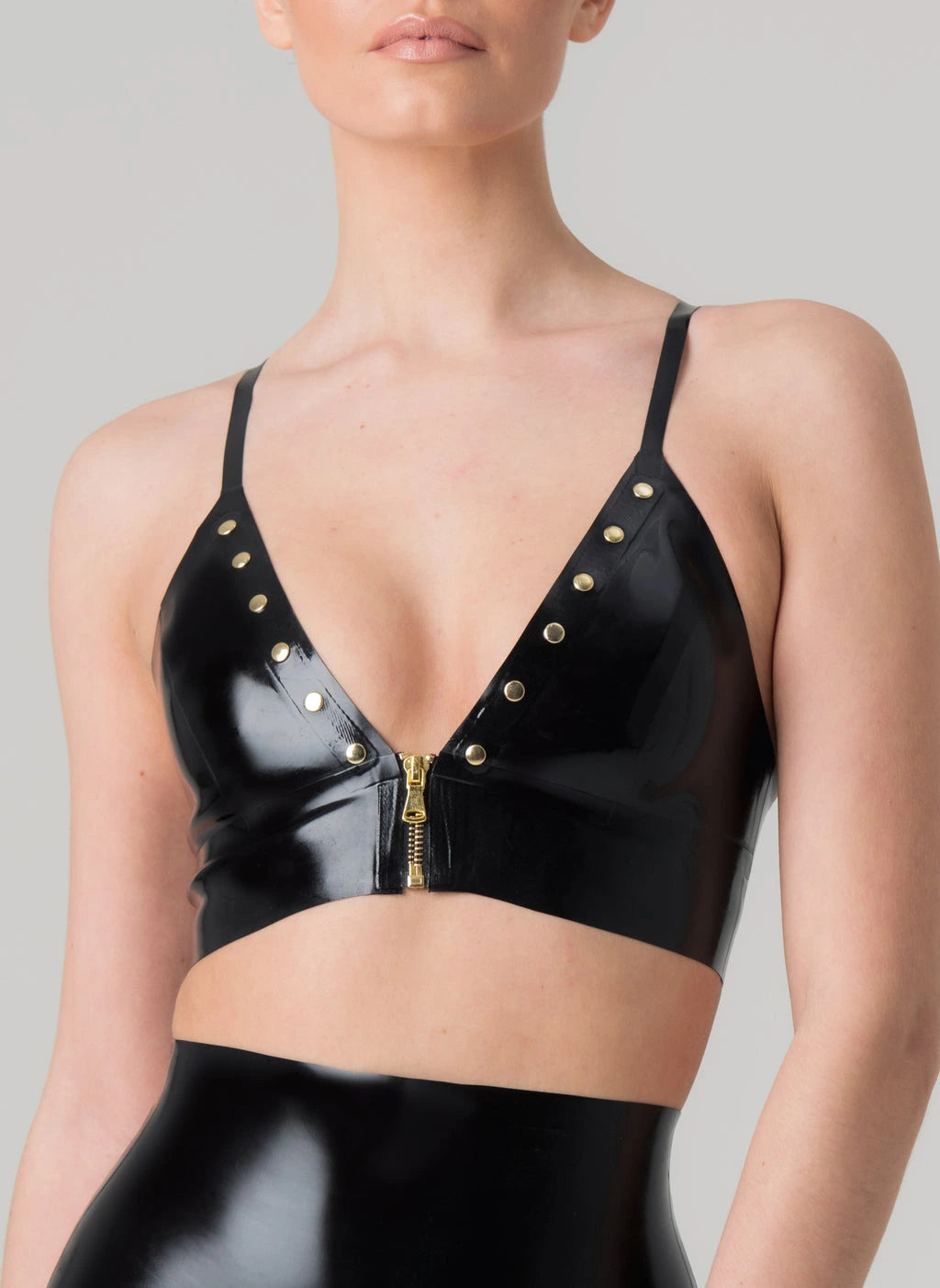 Black Latex Bra with Gold Stud Accents and Front Zipper