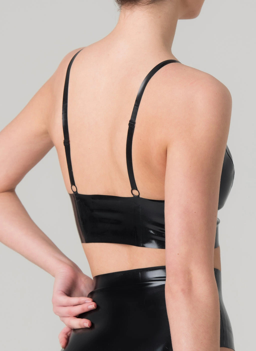 Black Latex Bra with Gold Stud Accents and Front Zipper
